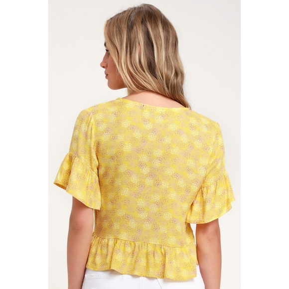 Lulus Breah Floral Print Tie Front Top Yellow Small - Picture 2 of 8